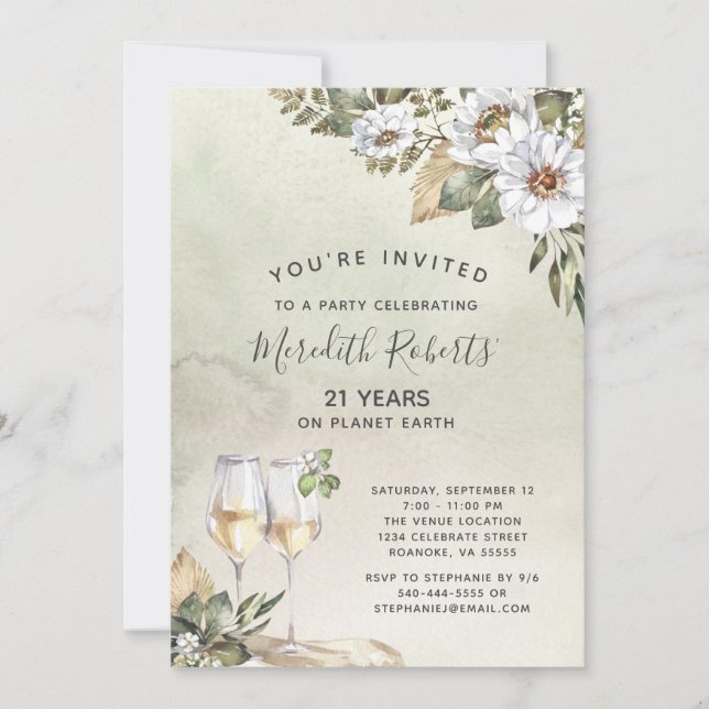 Invitation 21e anniversaire Champagne Toast White Sage Floral (Devant)