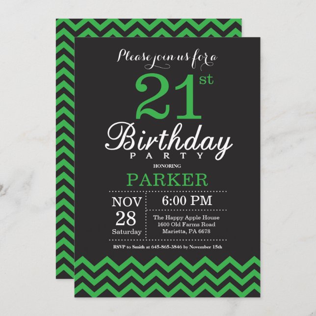 Invitation 21e anniversaire Chevron noir et vert (Devant / Derrière)