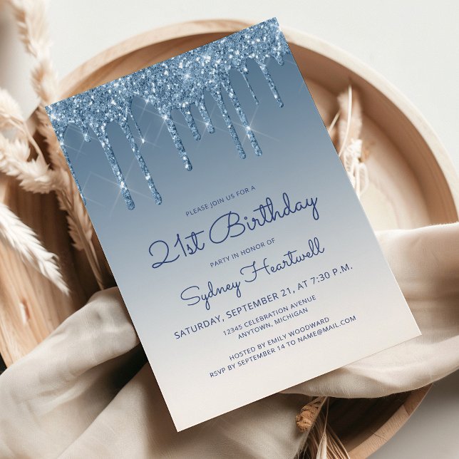 Invitation 21e anniversaire Chic Glitter Drip Bleu (Créateur téléchargé)