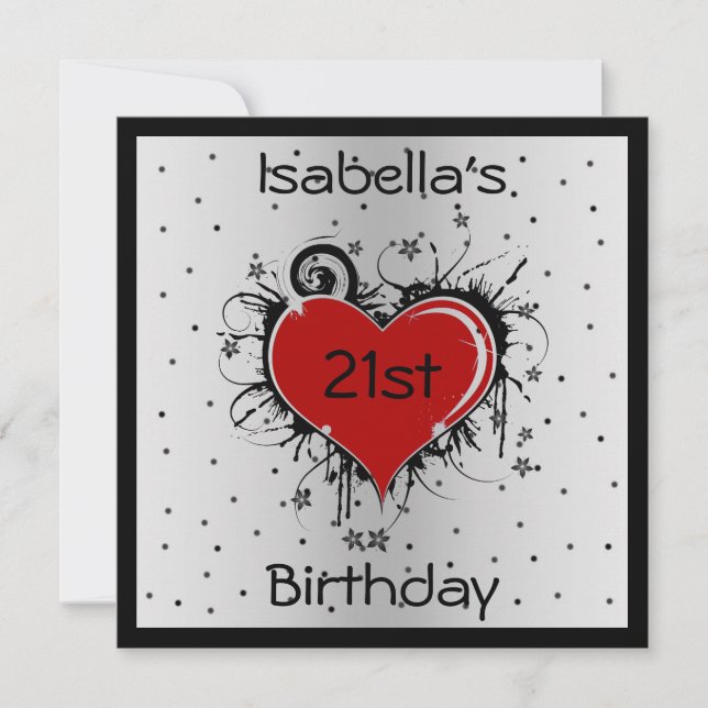 Invitation 21e Anniversaire Cœur Rouge sur Fond No (Devant)