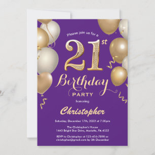 Invitation 21e anniversaire Confetti de ballons violet et or