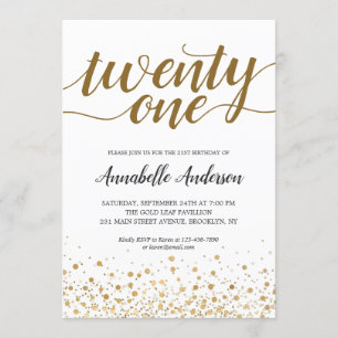 Invitation 21e Anniversaire Confetti d'or moderne Script