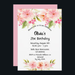 Invitation 21e anniversaire corail dahlia fleurs rose pastel<br><div class="desc">Une carte d'invitation élégante pour une fête de 21e anniversaire. Avec du rose contemporain,  pêche et corail coloré fleurs de dahlia colorées comme décoration. Un arrière - plan rose vierge pastel sur le dos. Le nom est écrit avec un script de style écrit main noire.</div>