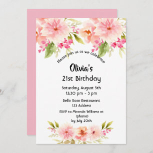 Invitation 21e anniversaire corail dahlia fleurs rose pastel