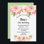 Invitation 21e anniversaire corail dahlia fleurs vert<br><div class="desc">Une carte d'invitation élégante pour une fête de 21e anniversaire. Avec du rose contemporain,  pêche et corail coloré fleurs de dahlia colorées comme décoration. Un arrière - plan vert pastel à l'arrière. Le nom est écrit avec un script de style écrit main noire.</div>