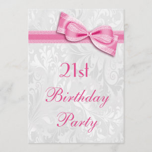 Invitation 21e anniversaire Damask and Pink Faux Bow