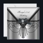 Invitation 21e anniversaire de fête Argent noir diamant Bow<br><div class="desc">Élégante 21e anniversaire Argent noir diamant Bow Bijou blanc Invitation 21 Anniversaire</div>
