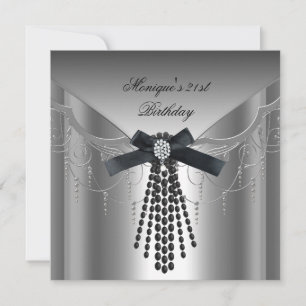 Invitation 21e anniversaire de fête Argent noir diamant Bow