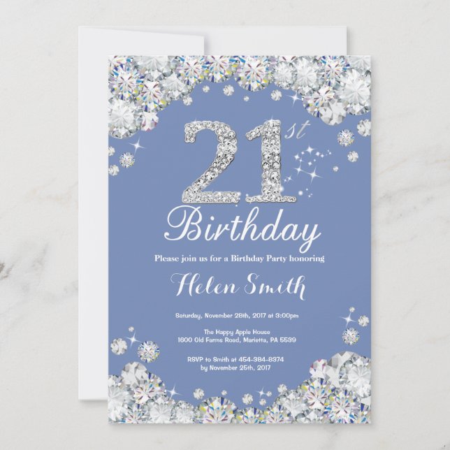 Invitation 21e anniversaire Diamant bleu et argent (Devant)