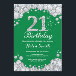 Invitation 21e anniversaire Diamant vert et argent<br><div class="desc">Invitation du 21e anniversaire. Diamant de strass vert et argent. Élégant invitation de Bassorh Anniversaire. Anniversaire adulte. Femmes Anniversaire. Hommes Anniversaire. Pour plus de personnalisation,  cliquez sur le bouton "Customiser" et utilisez notre outil de conception pour modifier ce modèle.</div>