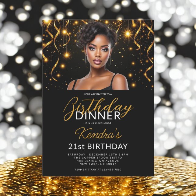 Invitation 21e Anniversaire Dîner Gold Black Photo Instagram (Créateur téléchargé)