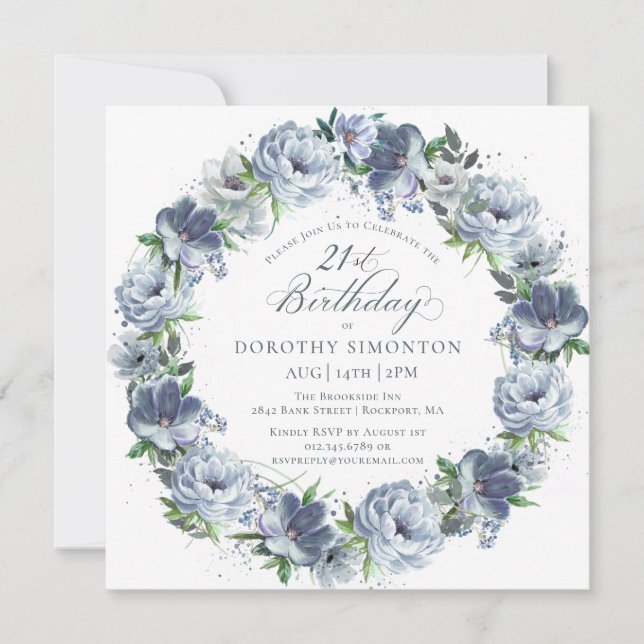Invitation 21e anniversaire Dusty Blue Flower Wreath (Devant)