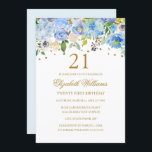Invitation 21e anniversaire Elegant Blue Gold Floral Invitati<br><div class="desc">Plus d'invitations à fêtes florales dans le magasin Little Bayleigh!</div>