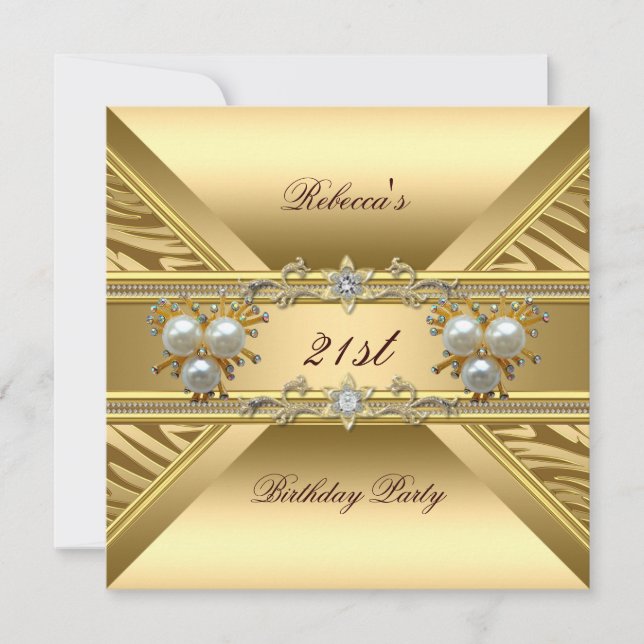 Invitation 21e anniversaire Elegant Zebra Gold Pearl Jewels (Devant)