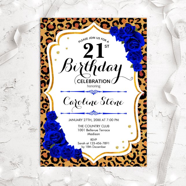 Invitation 21e anniversaire - Empreinte de léopard Royal Blue (Créateur téléchargé)