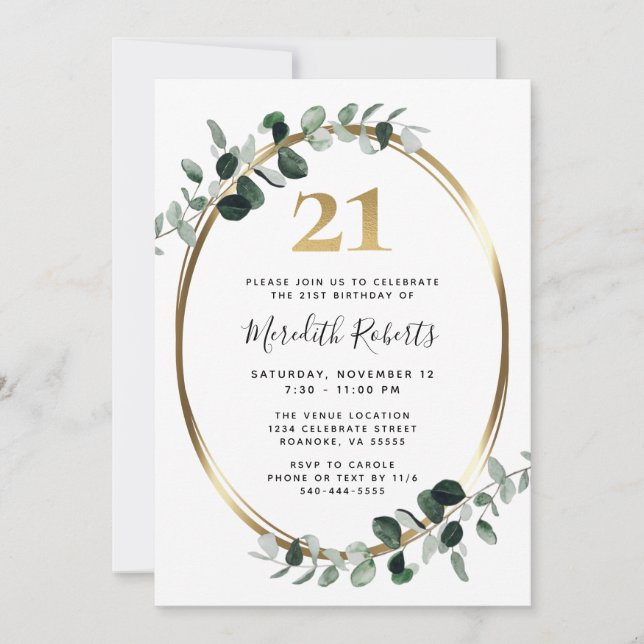 Invitation 21e anniversaire Eucalyptus Gold Metallic Party (Devant)