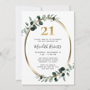 Invitation 21e anniversaire Eucalyptus Gold Metallic Party