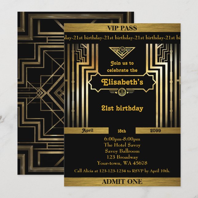 Invitation 21e, Anniversaire femme 21e, Gatsby, billet, or no (Devant / Derrière)
