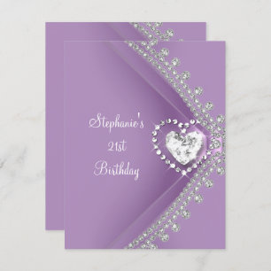 Invitation 21e Anniversaire Fête Lilac Heart Diamond Jewel