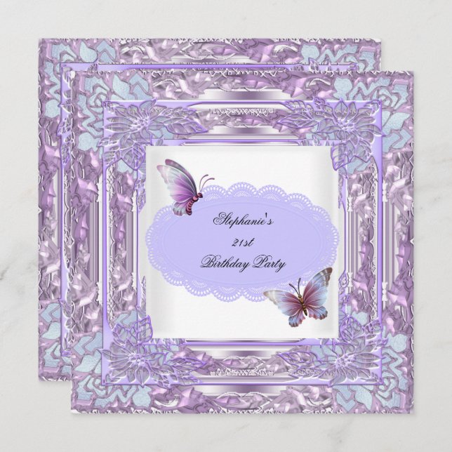 Invitation 21e Anniversaire Fête Lilac Papillon blanc (Devant / Derrière)