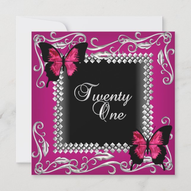 Invitation 21e Anniversaire Fête Pink Black Papillons Argent (Devant)