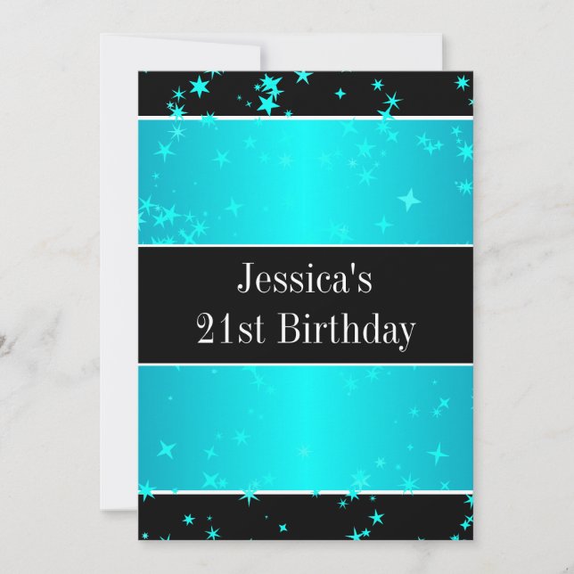 Invitation 21e Anniversaire Fête Turquoise Étoiles Noir & Bla (Devant)