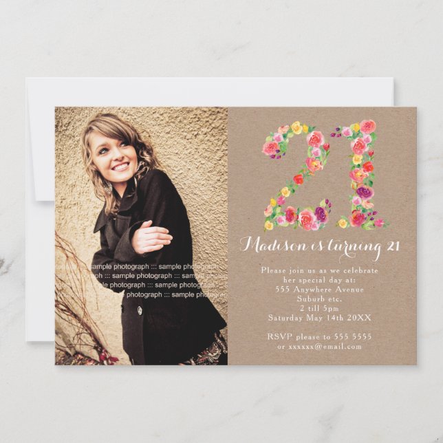 Invitation 21e anniversaire Floral Girls Party Photo (Devant)