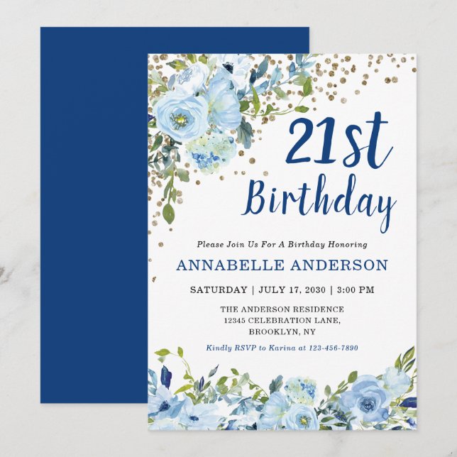 Invitation 21e anniversaire Floral Navy Blue Gold Parties sci (Devant / Derrière)