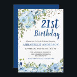 Invitation 21e anniversaire Floral Navy Blue Gold Parties sci<br><div class="desc">21e anniversaire Marine Bleu Script Floral Aquarelle or Confetti Parties scintillant Dots Invitation Le design comporte de belles aquarelles bleu clair et vert floral florales.</div>