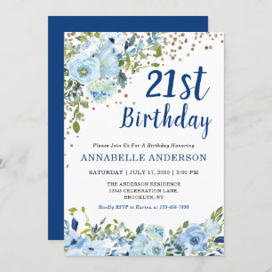 Invitation 21e anniversaire Floral Navy Blue Gold Parties sci