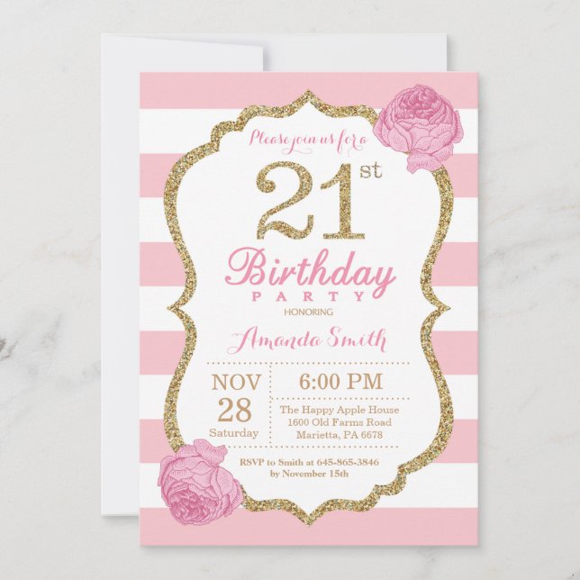 Invitation 21e anniversaire Florale rose et or (Devant)