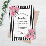 Invitation 21e anniversaire flores roses sur bandes blanches<br><div class="desc">Classic rayures noir et blanc mince comme arrière - plan. Avec des roses roses romantiques,  des fleurs comme décoration. Un cadre noir et blanc avec des modèles pour vos informations de fête. Une invitation à la fête du 21e anniversaire,  féminine et élégante.</div>