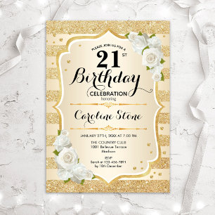Invitation 21e anniversaire - Gold Stripes Roses blanches