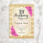 Invitation 21e anniversaire - Gold Stripes Roses Rose Invitat<br><div class="desc">Invitation du 21e anniversaire. Design élégant en or et rose. Comprend des bandes d'or de parties scintillant faux,  des roses roses roses stylisées police et confetti. Parfait pour une fête d'anniversaire glam.</div>
