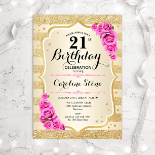 Invitation 21e anniversaire - Gold Stripes Roses Rose Invitat