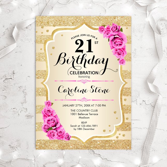 Invitation 21e anniversaire - Gold Stripes Roses Rose Invitat (Créateur téléchargé)