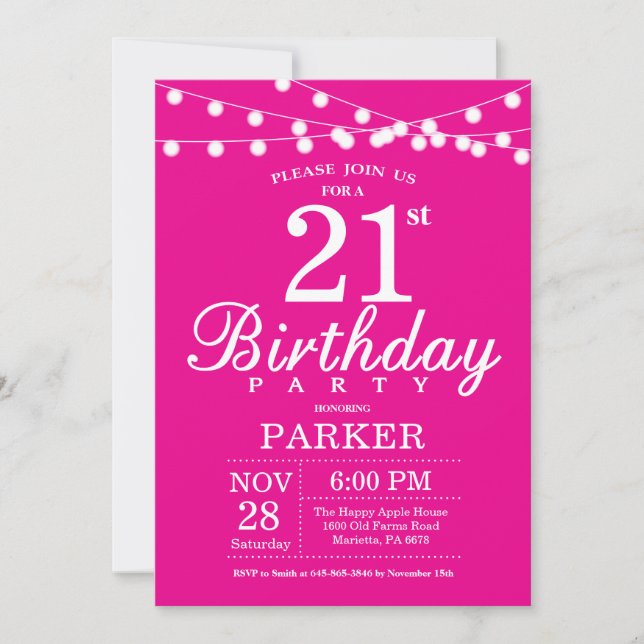 Invitation 21e anniversaire Hot Pink (Devant)