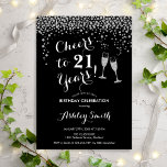 Invitation 21e Anniversaire - Joue À 21 Ans Argent Noir<br><div class="desc">Invitation du 21e anniversaire. Salutations À 21 Ans ! Design élégant en noir, blanc et argent. Il comprend des verres à champagne, des caractères de script et des confettis en argent parties scintillant. Parfait pour une fête d'anniversaire élégante. Personnalisez avec vos propres détails. Peut être customisé pour montrer n'importe quel...</div>
