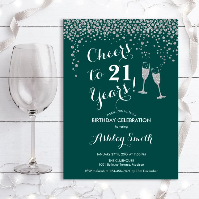 Invitation 21e Anniversaire - Joyeux À 21 Ans Argent Vert (Créateur téléchargé)