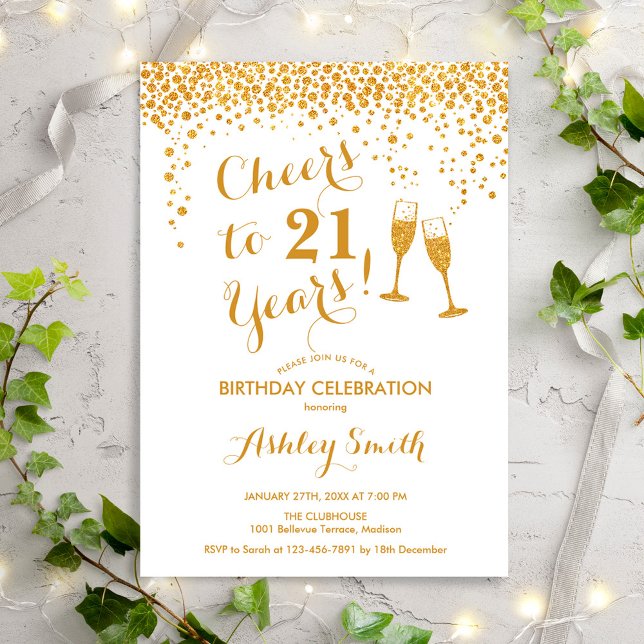 Invitation 21e Anniversaire - Joyeux À 21 Ans Or Blanc (Créateur téléchargé)