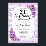 Invitation 21e anniversaire - Lavande Blanc Fleurs pourpres<br><div class="desc">Invitation du 21e anniversaire. Design élégant blanc violet avec fausse parties scintillant. Bandes d'argent et de blanc avec roses roses roses. Parfait pour une soirée de vingt et unième anniversaire élégante.</div>