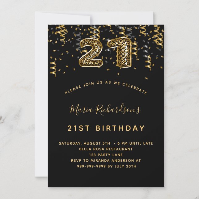 Invitation 21e anniversaire leopard noir motif confetti (Devant)
