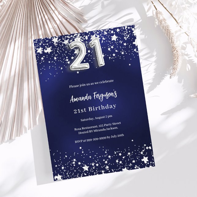 Invitation 21e anniversaire marine bleu argent étoiles luxe (Créateur téléchargé)