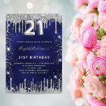 Invitation 21e anniversaire marine bleu argent parties scinti<br><div class="desc">Une invitation moderne, élégante et glamour pour une fête de 21e anniversaire. Un arrière - plan bleu marine, décoré avec de la poussière de parties scintillant en faux argent. La couleur bleue est inégale. Personnalisez et ajoutez votre nom et les détails de votre fête. Le numéro 21 est écrit avec...</div>