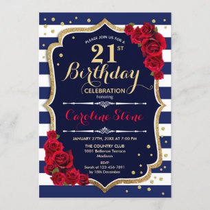 Invitation 21e anniversaire - Marine White Stripes et Red Ros
