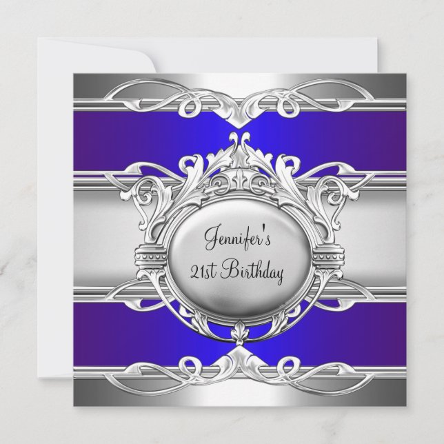 Invitation 21e Anniversaire Métal Chrome Bleu Plaque Argent (Devant)