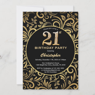 Invitation 21e anniversaire Modèle floral noir et or