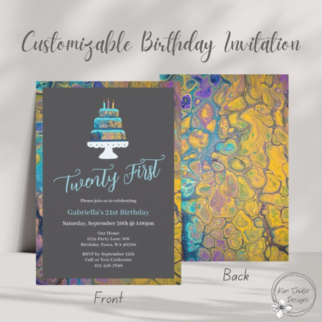 Invitation 21e Anniversaire Moderne Avec Gâteau Bleu (Créateur téléchargé)