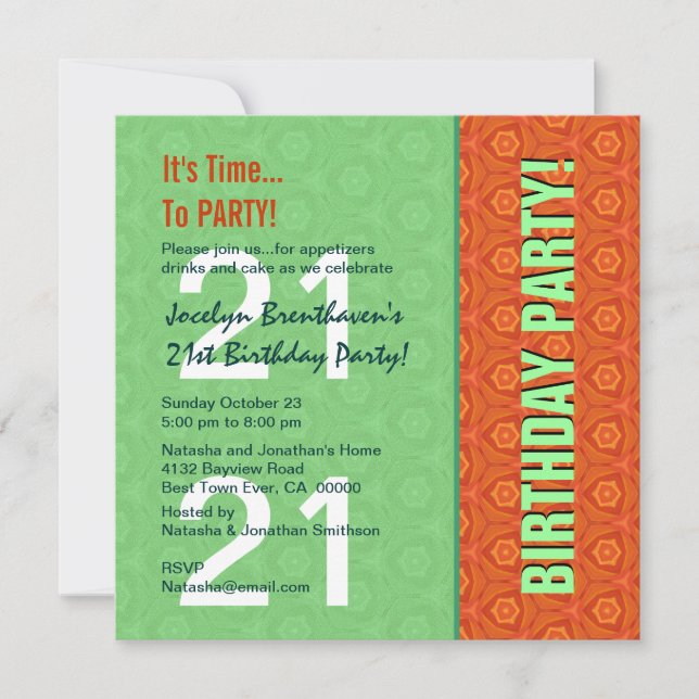 Invitation 21e anniversaire Moderne Bright Green et Orange W8 (Devant)