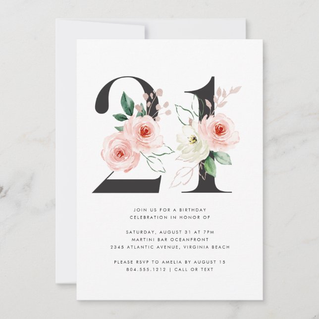 Invitation 21e anniversaire Moderne Floral Rose Gold Green (Devant)